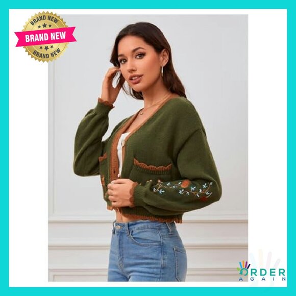 Floral Cropped Cardigan Boho Cottagecore Embroidered Open Front Western Sweater - Picture 4 of 8